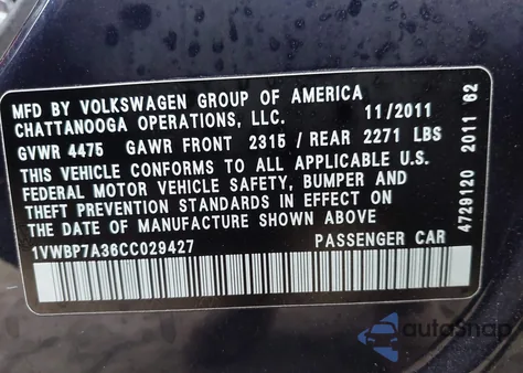 2012 Volkswagen Passat 2.5L Se from USA, damaged, VIN 1VWBP7A36CC029427